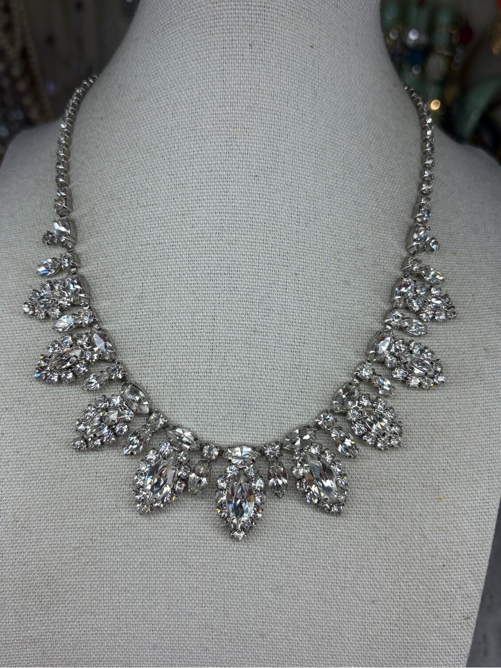 Vintage Japan Art Deco Necklace Rhinestone Jewelry Silver Tone Jewelry Glam